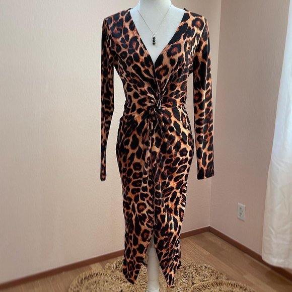 Leopard Print L/S Midi Dress | L - Picture 1 of 3